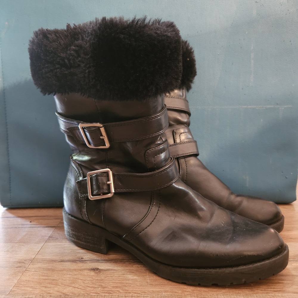 Laura Scott Womens Size 9 Black Ankle Boots Faux Fur Buckle Zip